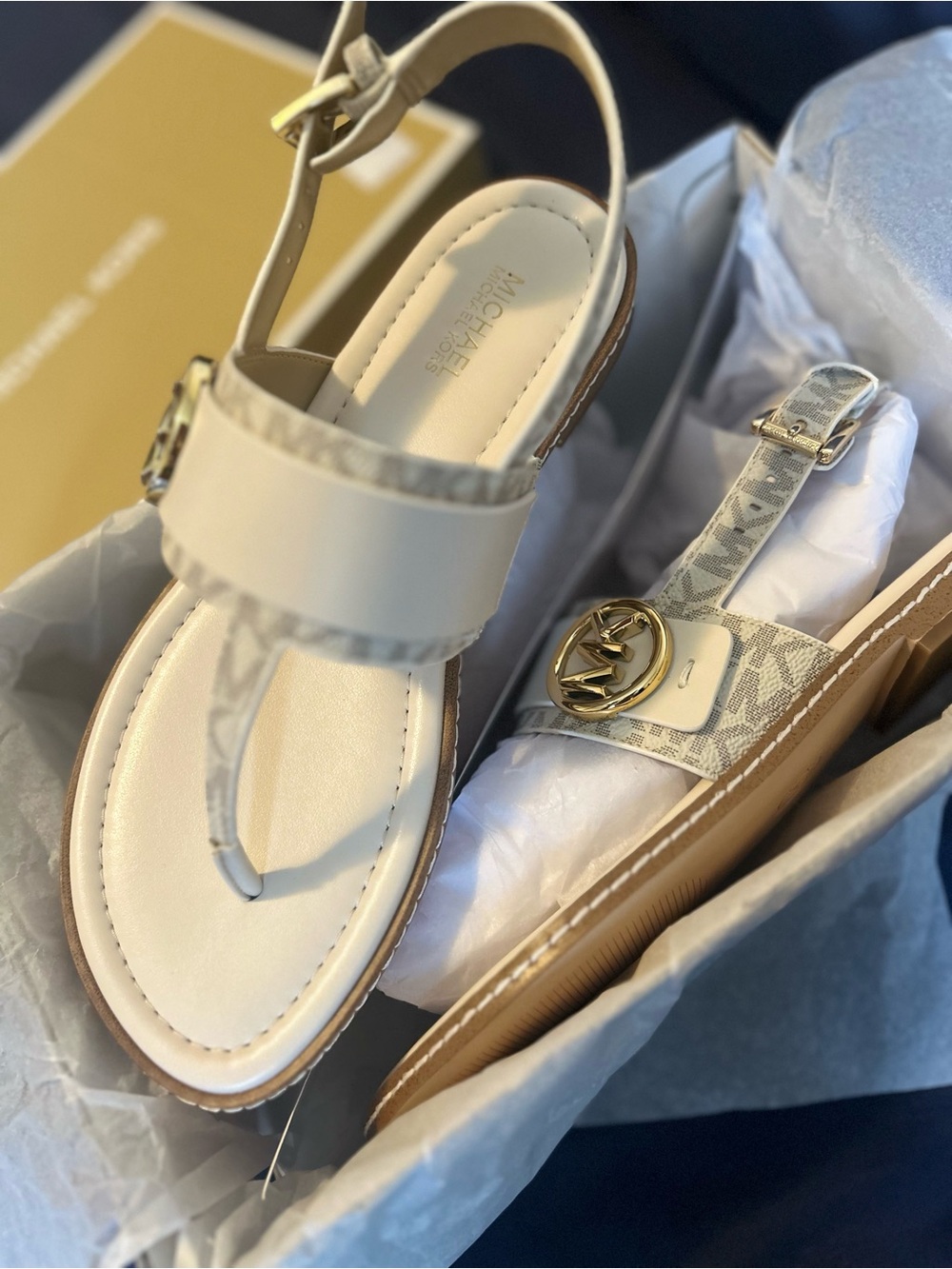Michael Kors Beige and Gold Logo Thong Sandals